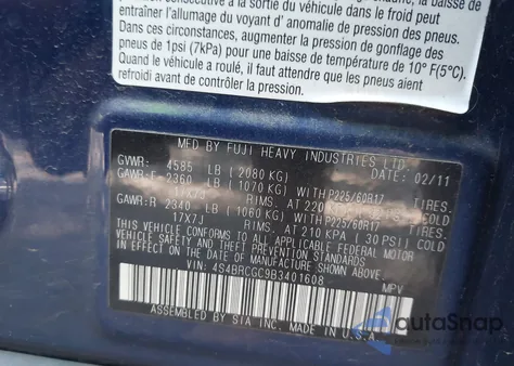 2011 Subaru Outback 2.5I Premium from USA, damaged, VIN 4S4BRCGC9B3401608